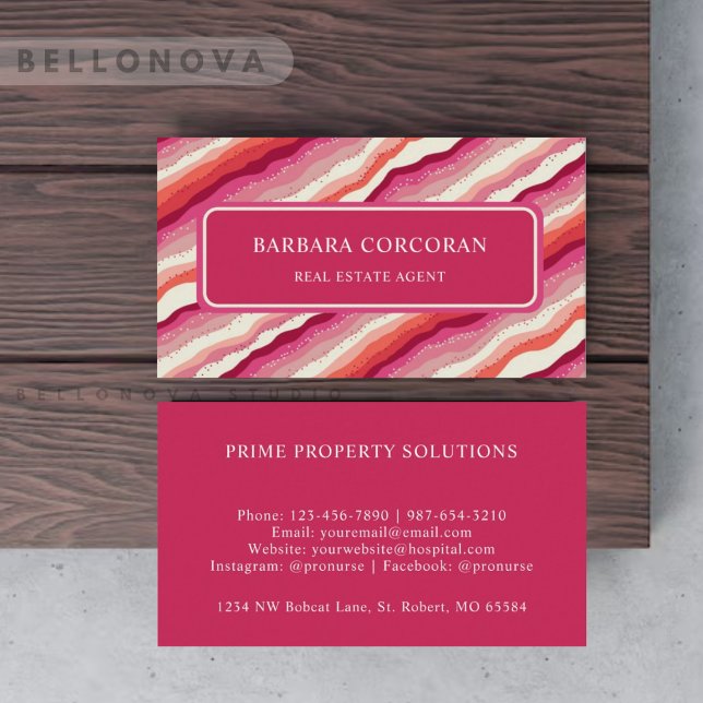 Tarjeta De Visita Monograma de ola de Naranja rojo rosado personaliz (Custom Pink White Red Orange Wave Monogram Business Card)