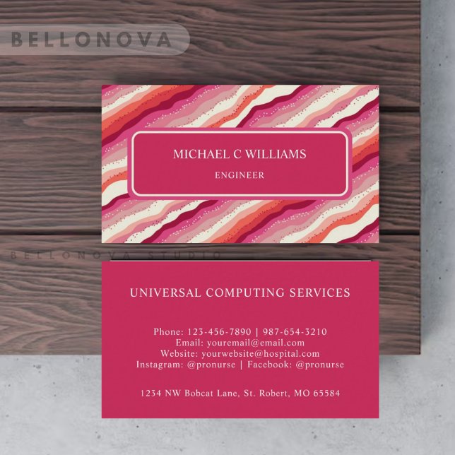 Tarjeta De Visita Monograma de ola de Naranja rojo rosado personaliz (Custom Pink White Red Orange Wave Monogram Business Card)