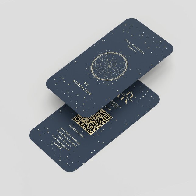 Tarjeta De Visita Monograma de oro azul oscuro tarot moderno (Modern Tarot Cartomancer Dark Blue Gold Monogram Business Card
)