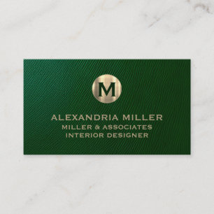 Tarjeta De Visita Monograma de oro de cuero verde premium