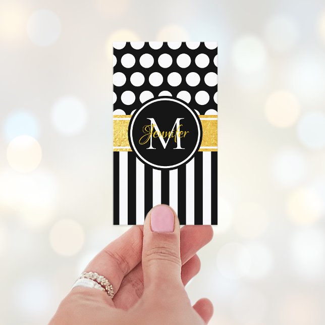 Tarjeta De Visita Monograma de oro de punto de polka blanco de banda (Monogram Modern Color Block Style Business Card)