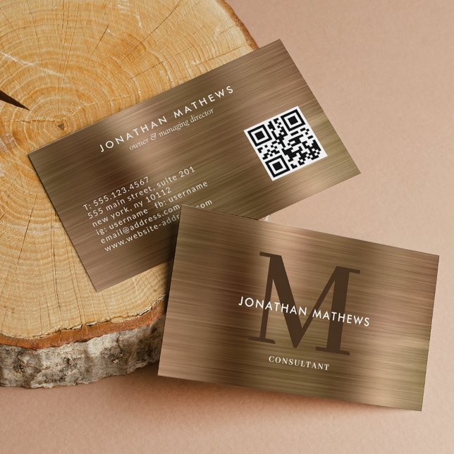 Tarjeta De Visita Monograma de oro metálico cepillado con código QR  (Subido por el creador)