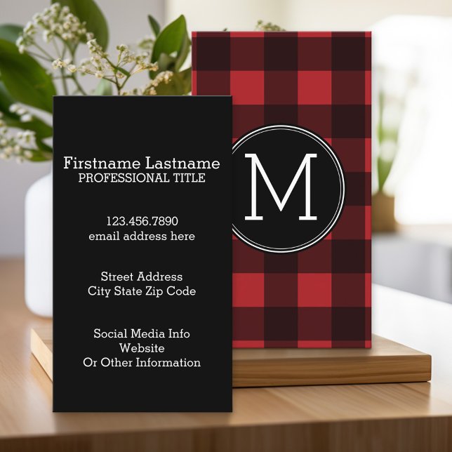 Tarjeta De Visita Monograma de patrón de patrón de búfalo negro rojo (Custom Business Card with Monogram)