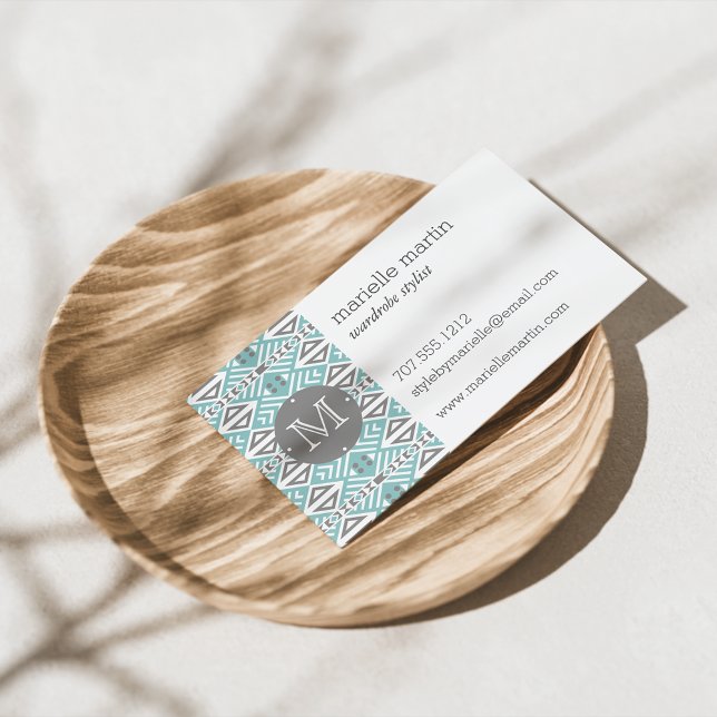 Tarjeta De Visita Monograma de patrón tribal geométrico de menta y g (Subido por el creador)
