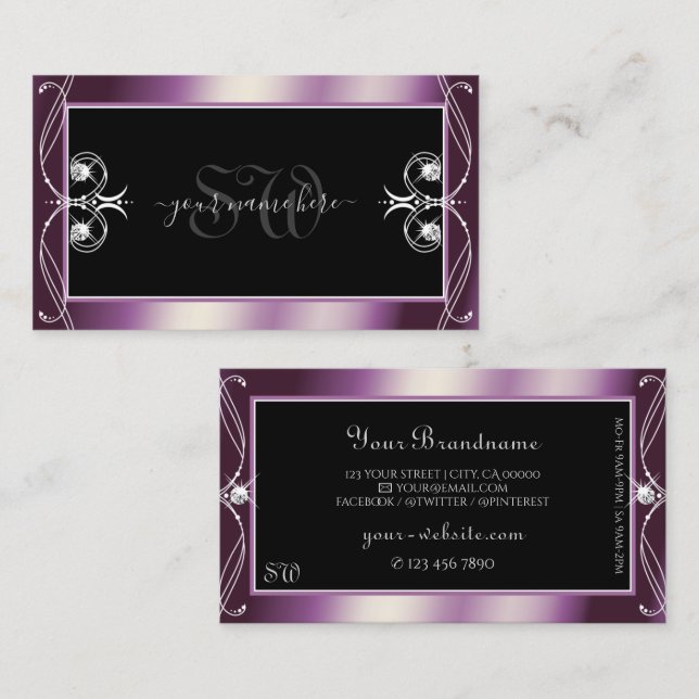 Tarjeta De Visita Monograma de pergamino morado espumoso negro (Anverso / Reverso)