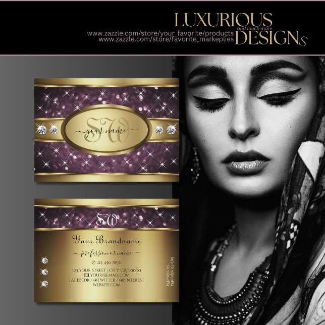 Tarjeta De Visita Monograma de Purpurina morado Noble Gold Stars Dia (Subido por el creador)