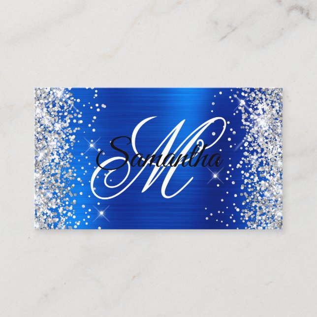 Tarjeta De Visita Monograma de Relieve metalizado azul real Purpurin (Anverso)