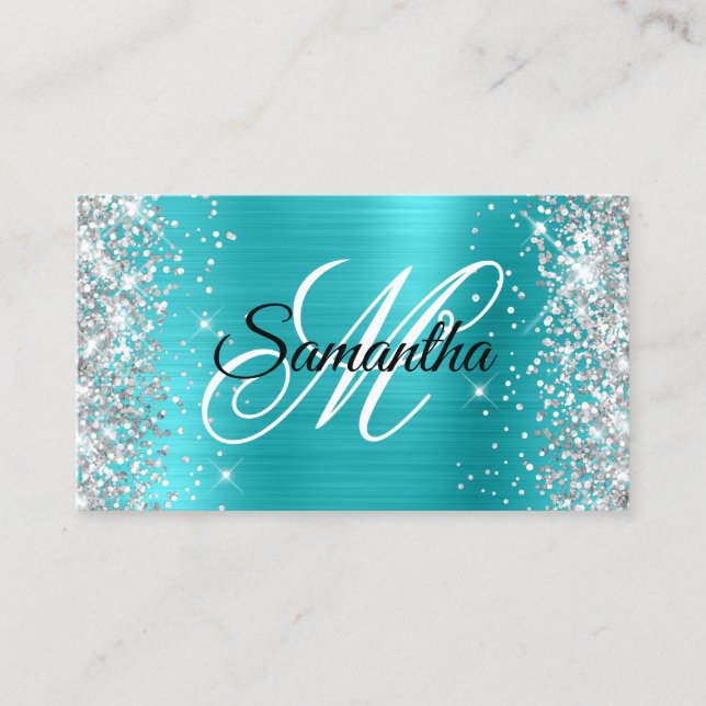 Tarjeta De Visita Monograma de Relieve metalizado azul turquesa Purp (Anverso)