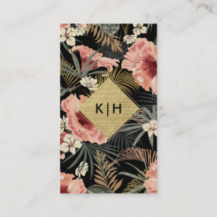 Tarjeta De Visita Monograma de Relieve metalizado dorado floral trop