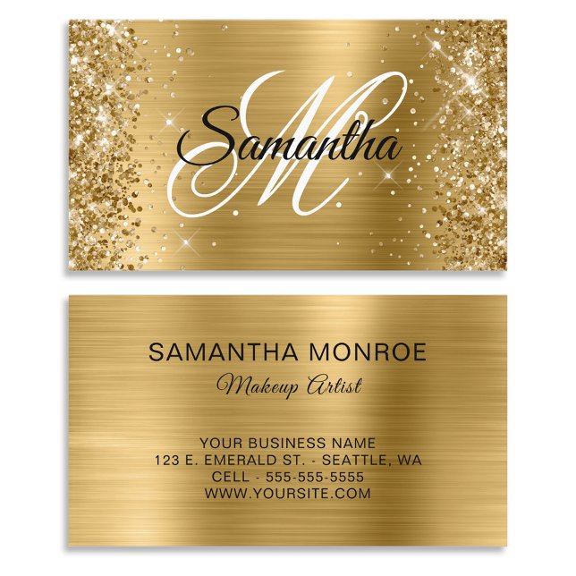 Tarjeta De Visita Monograma de Relieve metalizado dorado Purpurinoso (Glittery Gold Foil Fancy Monogram Business Card)