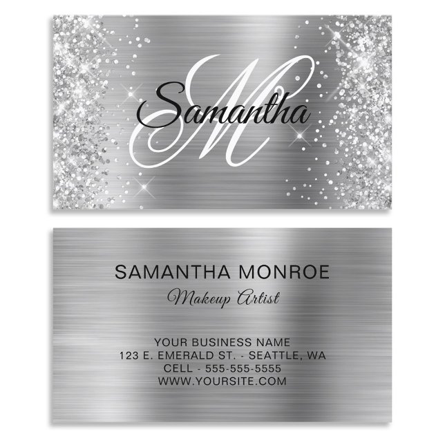 Tarjeta De Visita Monograma de Relieve metalizado plateado Purpurino (Glittery Silver Foil Fancy Monogram Business Card)