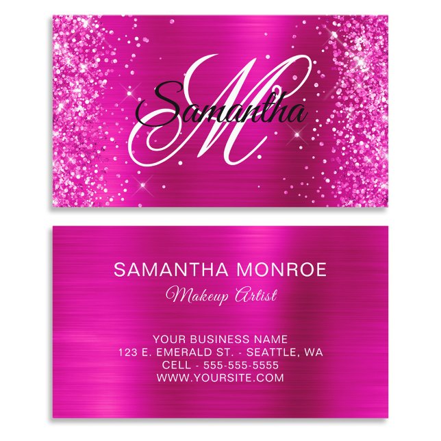 Tarjeta De Visita Monograma de Relieve metalizado rosado caliente Pu (Glittery Hot Pink Foil Fancy Monogram Business Cards)