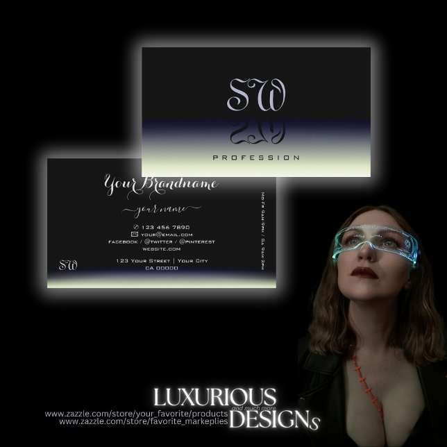 Tarjeta De Visita Monograma de sombra de gradiente blanco azul de ac (Subido por el creador)