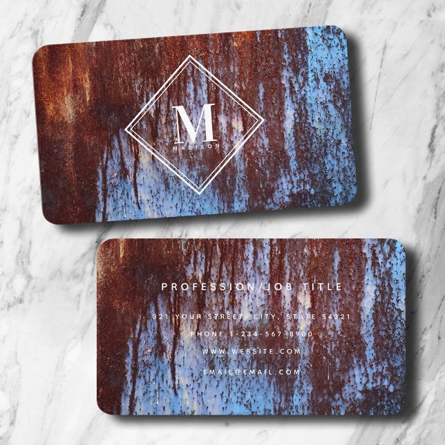Tarjeta De Visita Monograma de textura metálica de la roya azul marr (Blue Brown Rust Metallic Texture Monogram Initial Business Card)
