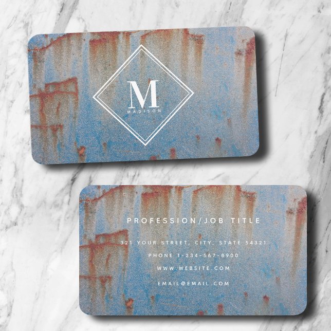 Tarjeta De Visita Monograma de textura metálica de óxido azul (Blue Rust Metallic Texture Monogram Initial Business Card)