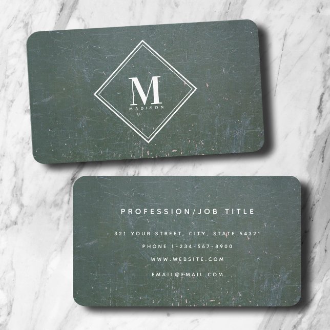 Tarjeta De Visita Monograma de textura metálica de roya verde inicia (Green Rust Metallic Texture Monogram Initial Business Card)