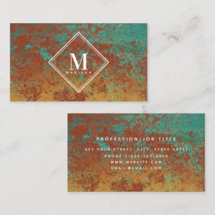 Tarjeta De Visita Monograma de textura metálica turquesa de cobre