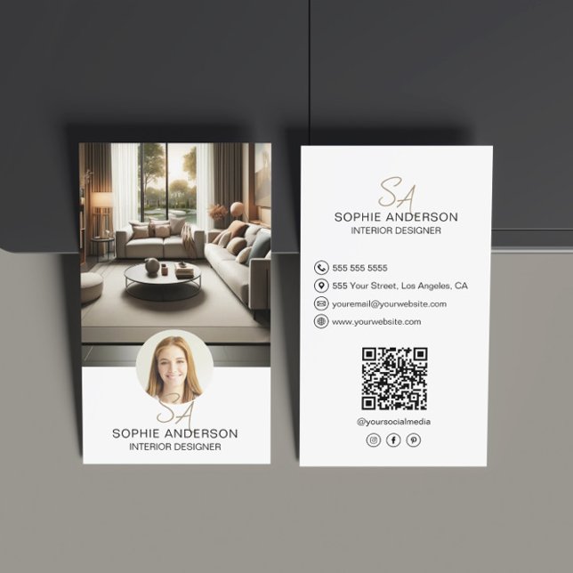Tarjeta De Visita Monograma del Diseñador Interior Foto QR Blanco (Interior Designer Monogram Photo QR White Business Card)