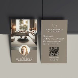 Tarjeta De Visita Monograma del Diseñador Interior Foto QR Taupe