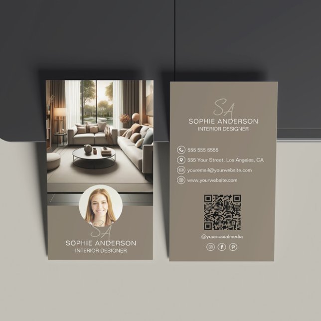 Tarjeta De Visita Monograma del Diseñador Interior Foto QR Taupe (Interior Designer Monogram Photo QR Taupe Business Card)