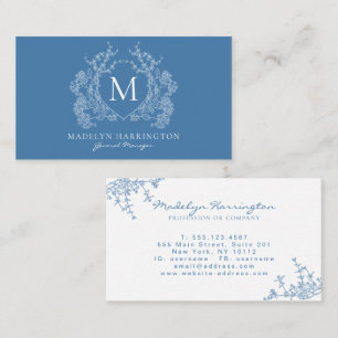 Tarjeta De Visita Monograma del Escudo floral azul francés moderno