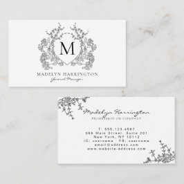 Tarjeta De Visita Monograma del Escudo floral blanco y negro clásico