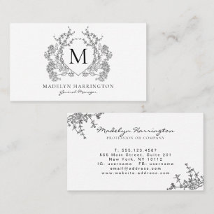 Tarjeta De Visita Monograma del Escudo floral blanco y negro clásico