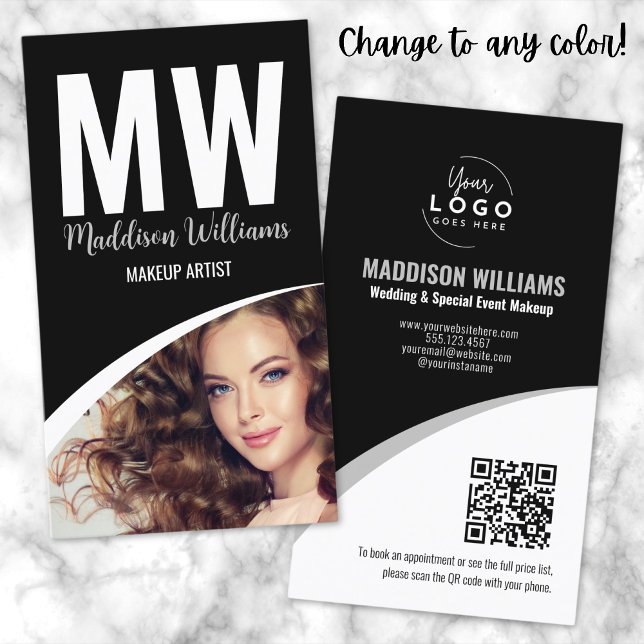 Tarjeta De Visita Monograma del logo fotográfico moderno blanco negr (Black White Modern Makeup QR Code Logo Monogram Business Card)