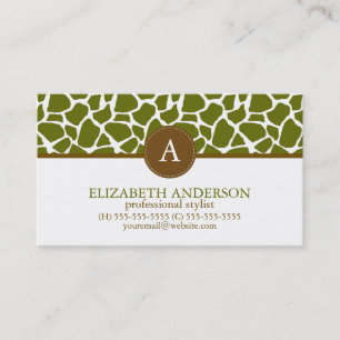 Tarjeta De Visita Monograma del patrón de la jirafa verde oliva