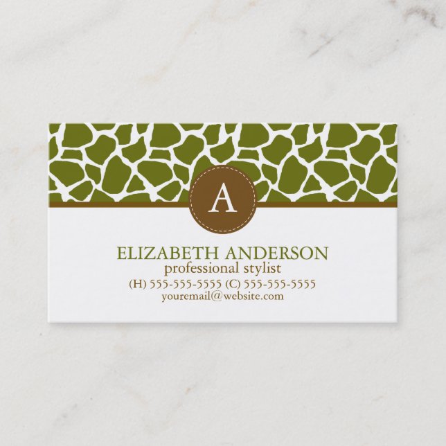 Tarjeta De Visita Monograma del patrón de la jirafa verde oliva (Anverso)