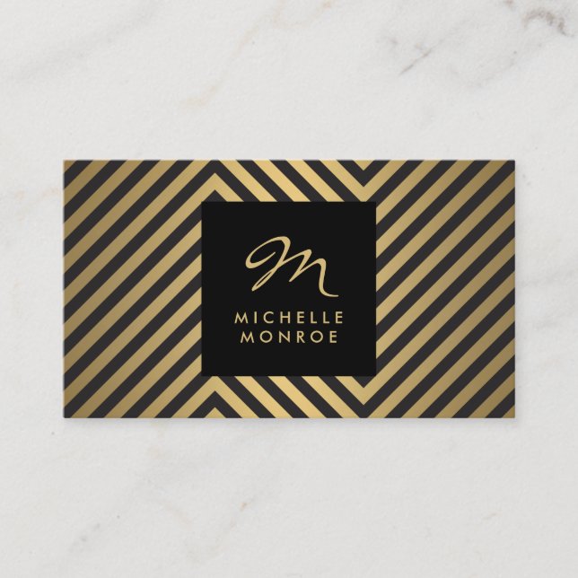 Tarjeta De Visita Monograma del patrón oro retro negro y falso (Anverso)