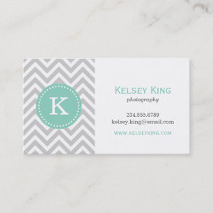 Tarjeta De Visita Monograma del Personalizado Gris y Aqua Chevron