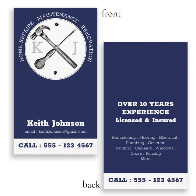 Tarjeta De Visita Monograma del Personalizado Profesional Azul de la (Handyman Navy Blue Professional Custom Monogram Business Card)