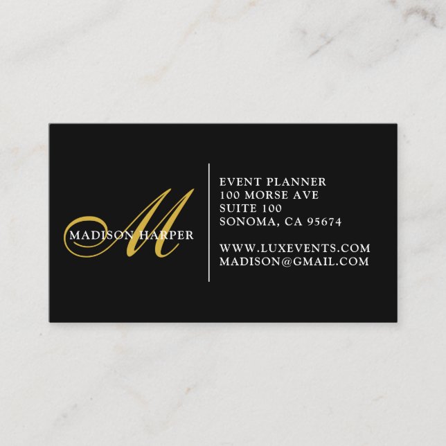 Tarjeta De Visita Monograma del planificador de eventos Gold Black S (Anverso)