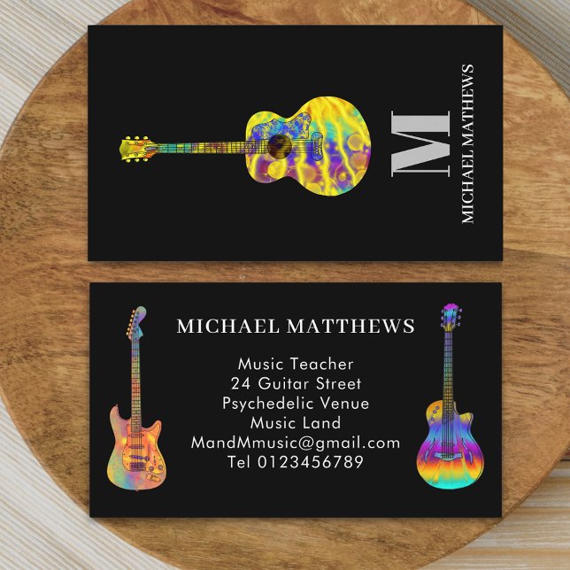 Tarjeta De Visita Monograma del profesor de música acústica de guita (Modern guitar music tutor professional musician black Business card Guitarist music teacher)