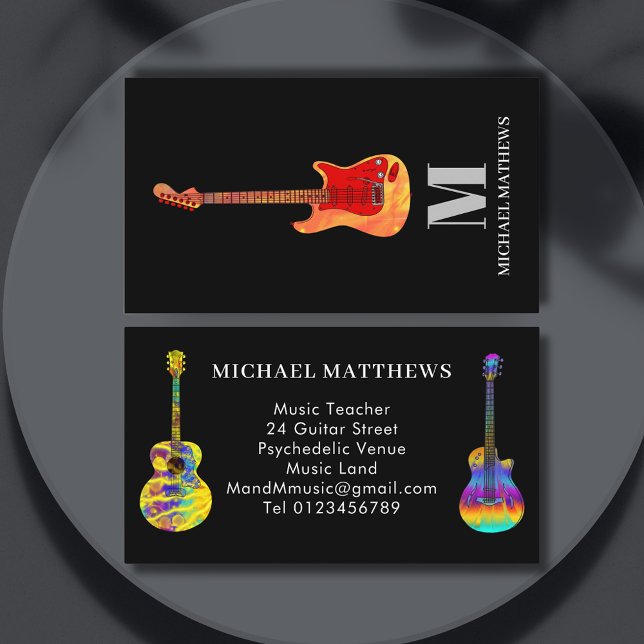 Tarjeta De Visita Monograma del profesor de música de guitarra (Fire guitar on black music teacher professional musician business card)