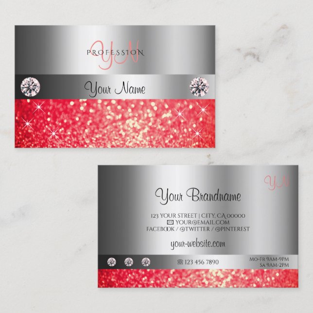 Tarjeta De Visita Monograma del Purpurina rojo de la espuma de plata (Anverso / Reverso)