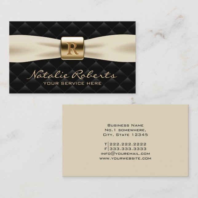 Tarjeta De Visita Monograma dorado Diamante Cinta de Marfil Quillada (Anverso / Reverso)