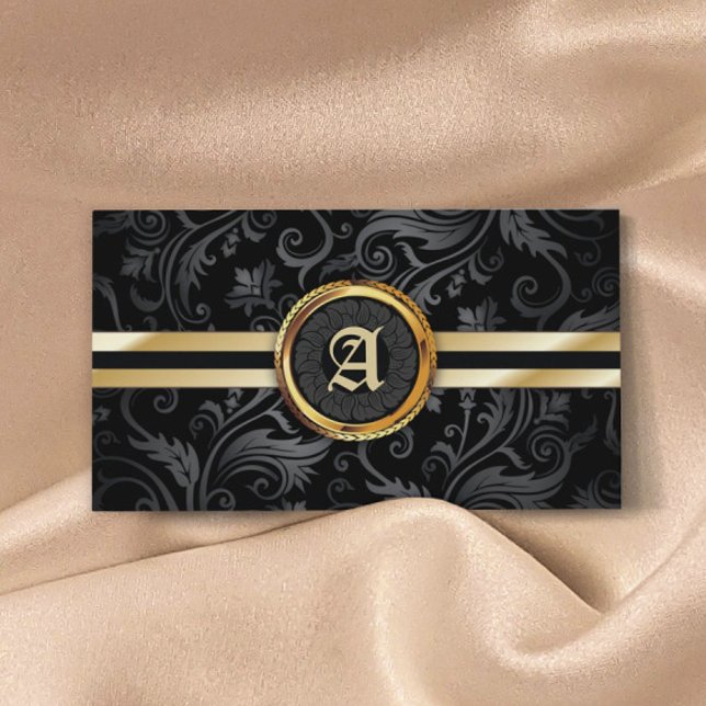 Tarjeta De Visita Monograma Dorado Inicial Damask Elegante (Subido por el creador)