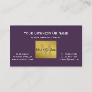 Tarjeta De Visita Monograma Dorado Texto Blanco Violeta Púrpura Acai