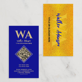 Tarjeta De Visita Monograma Elegante | Azul Moderno y Dorado Falso