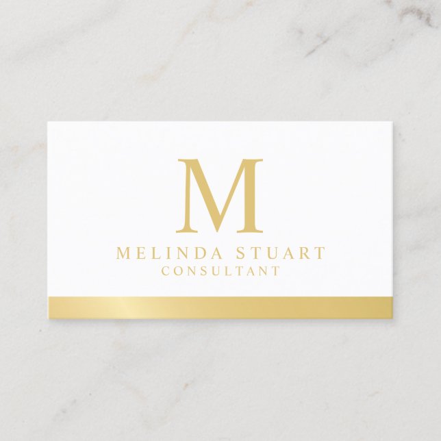 Tarjeta De Visita Monograma elegante blanco y dorado (Anverso)