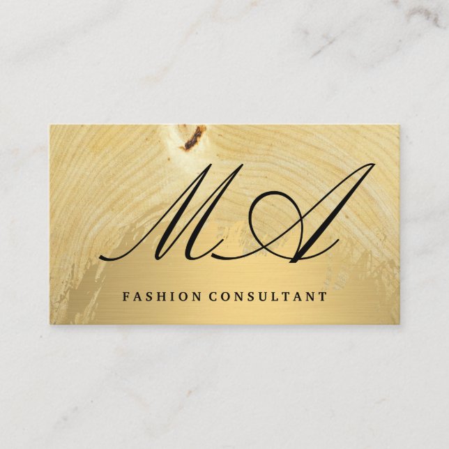 Tarjeta De Visita Monograma elegante | Cepillado dorado | Grano de m (Anverso)
