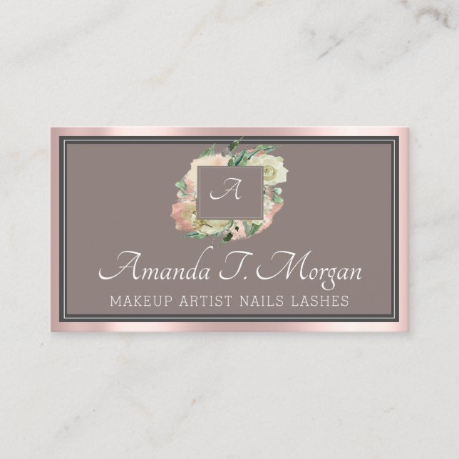 Tarjeta De Visita Monograma Elegante Cita Rosa Marco Floral (Anverso)