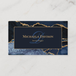 Tarjeta De Visita Monograma Elegante de Ágata Dorada Azul Marino