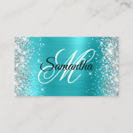 Tarjeta De Visita Monograma elegante de azul turquesa con brillo pla