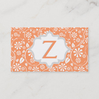 Tarjeta De Visita Monograma elegante de coral, blanco, floral gris