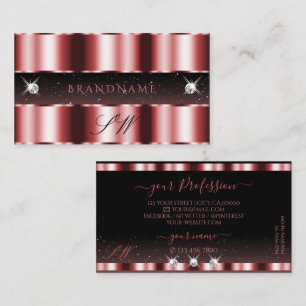 Tarjeta De Visita Monograma elegante de diamantes espumosos rojos y 