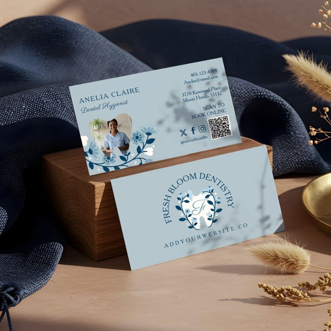 Tarjeta De Visita Monograma elegante de dientes dentales floreciente (Elegant Floral Blooming Dental Tooth Logo Monogram Business Card)