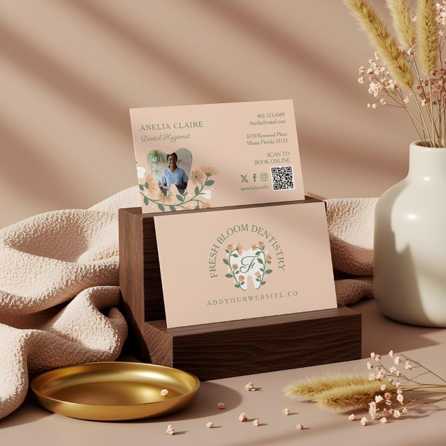 Tarjeta De Visita Monograma elegante de dientes dentales floreciente (Elegant Floral Blooming Dental Tooth Logo Monogram Business Card)